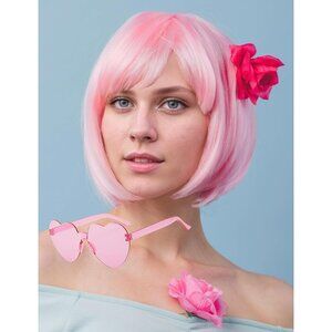 Women's Light Pink 12 Inch Costume Cosplay Party Short Bob Wigs And Sunglass